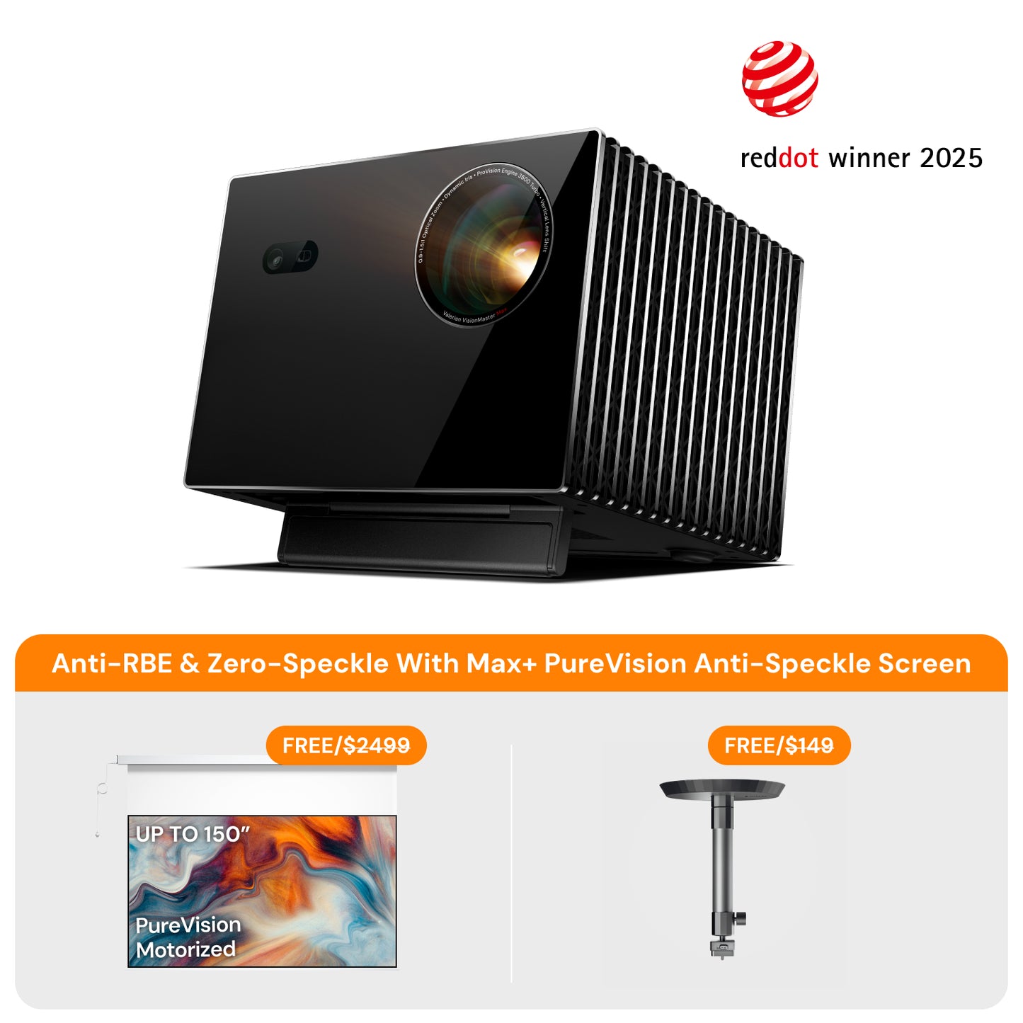 VisionMaster Max + FREE PureVision Anti-Speckle Motorized Screen + Free Accessory